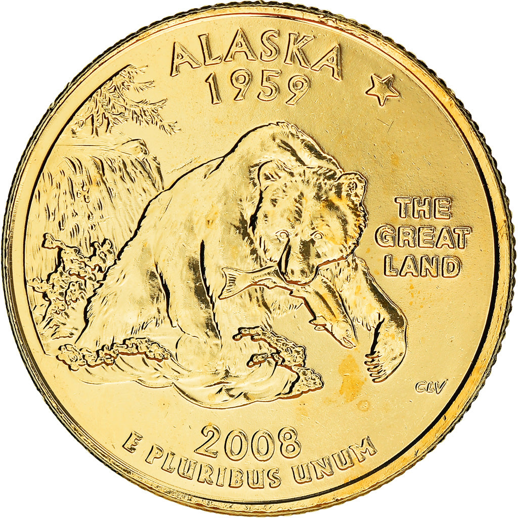Coin, United States, Alaska, Quarter, 2008, U.S. Mint, Denver, golden