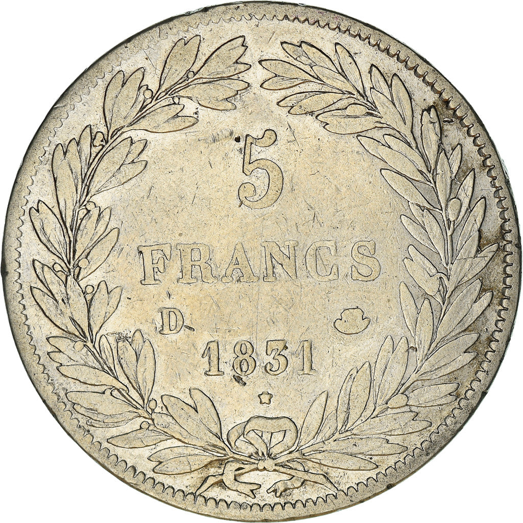 Coin, France, Louis-Philippe, 5 Francs, 1831, Lyon, VF(30-35), Silver, KM:735.4