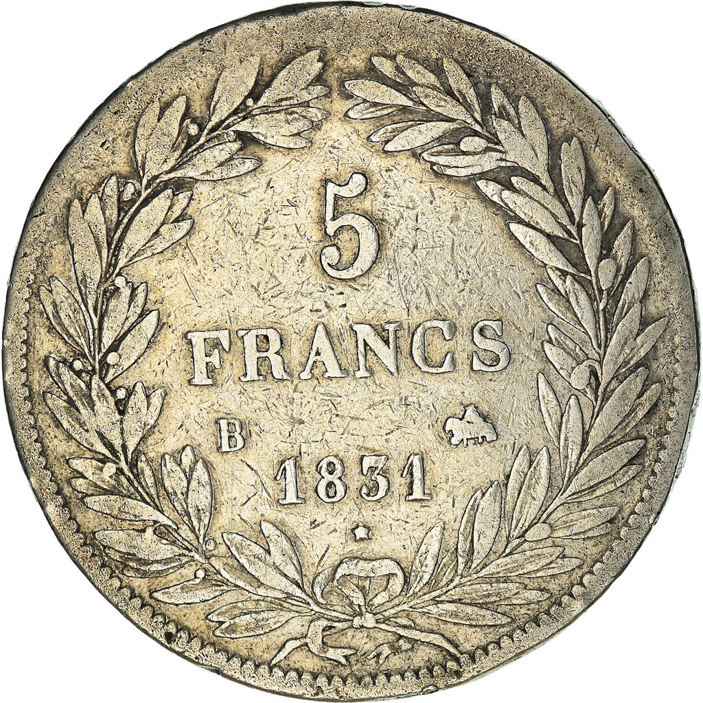 Moneda, Francia, Louis-Philippe, 5 Francs, 1831, Rouen, BC+, Plata, KM:736.2