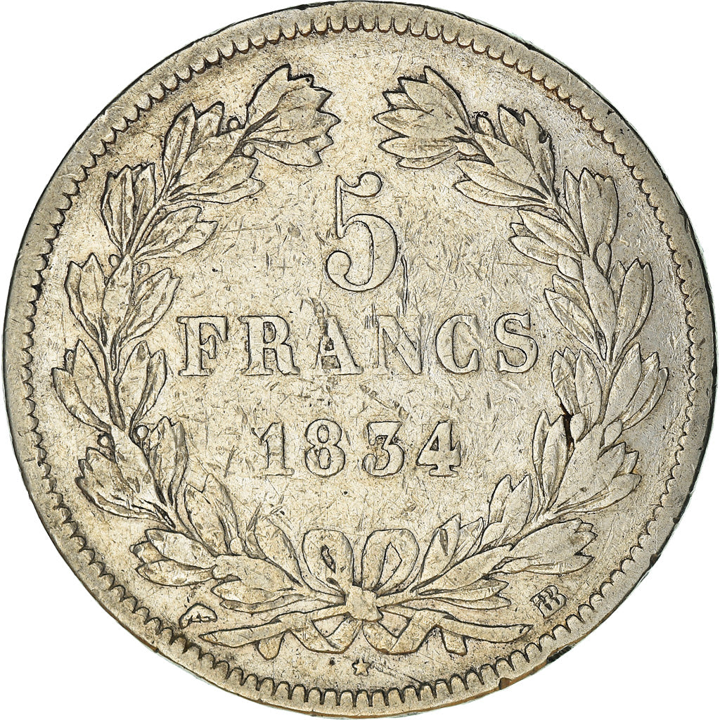 Coin, France, Louis-Philippe, 5 Francs, 1834, Strasbourg, VF(20-25), Silver