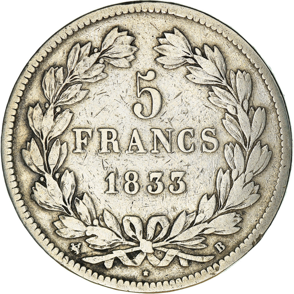 Coin, France, Louis-Philippe, 5 Francs, 1833, Rouen, VF(30-35), Silver