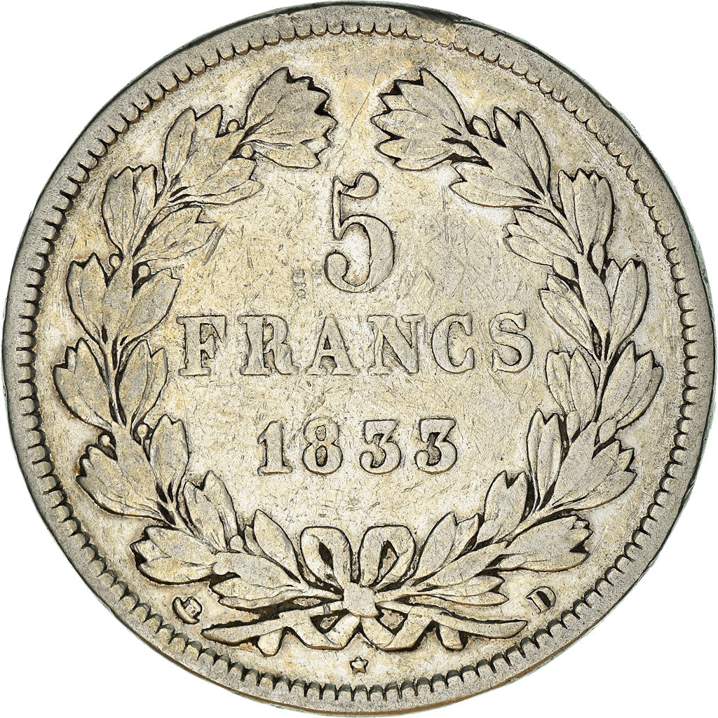 Coin, France, Louis-Philippe, 5 Francs, 1833, Lyon, VF(20-25), Silver, KM:749.4