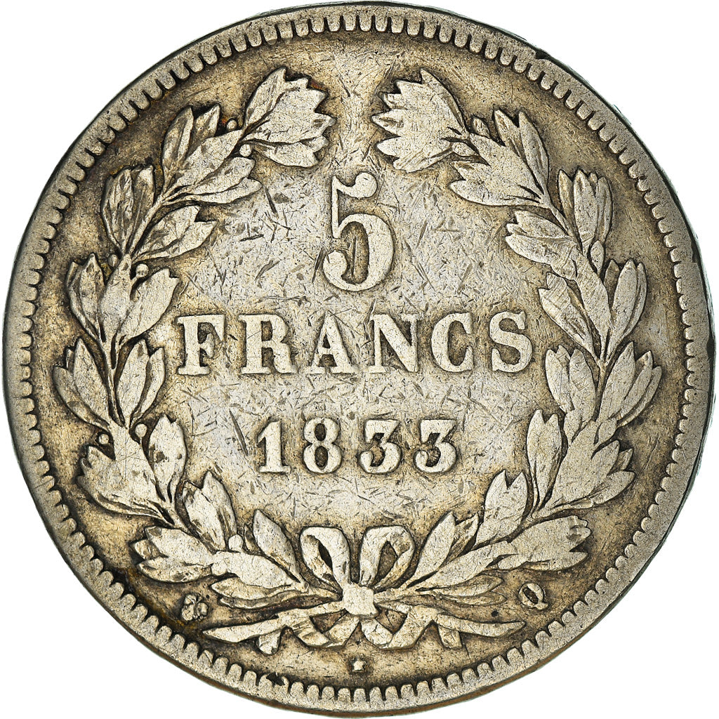 Coin, France, Louis-Philippe, 5 Francs,1833,Perpignan,VF(20-25),Silver,KM 749.11