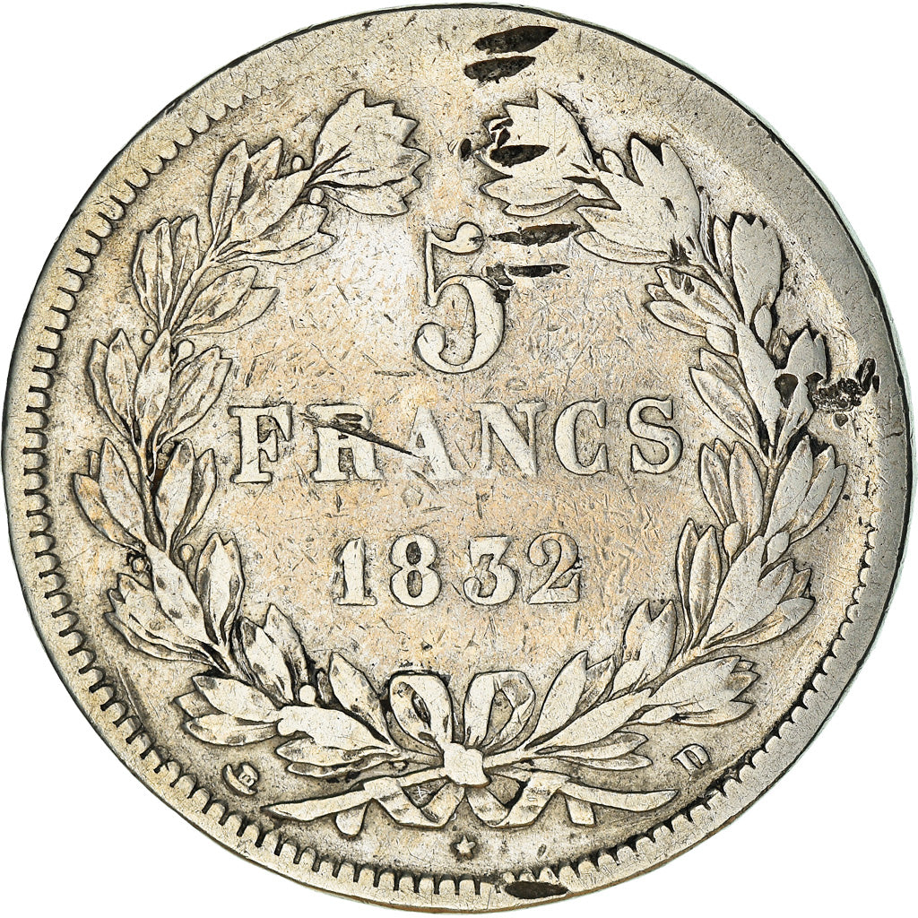 Moneda, Francia, Louis-Philippe, 5 Francs, 1832, Lyon, BC+, Plata, KM:749.4