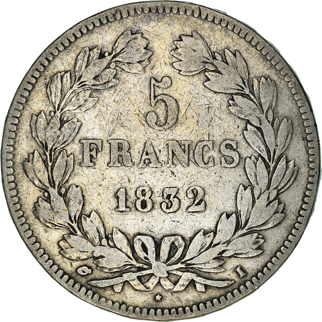 Moeda, França, Louis-Philippe, 5 Francs, 1832, Limoges, VF(30-35), Prata