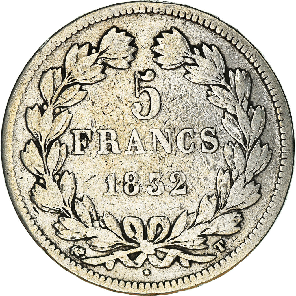 Moeda, França, Louis-Philippe, 5 Francs, 1832, Nantes, VF(20-25), Prata