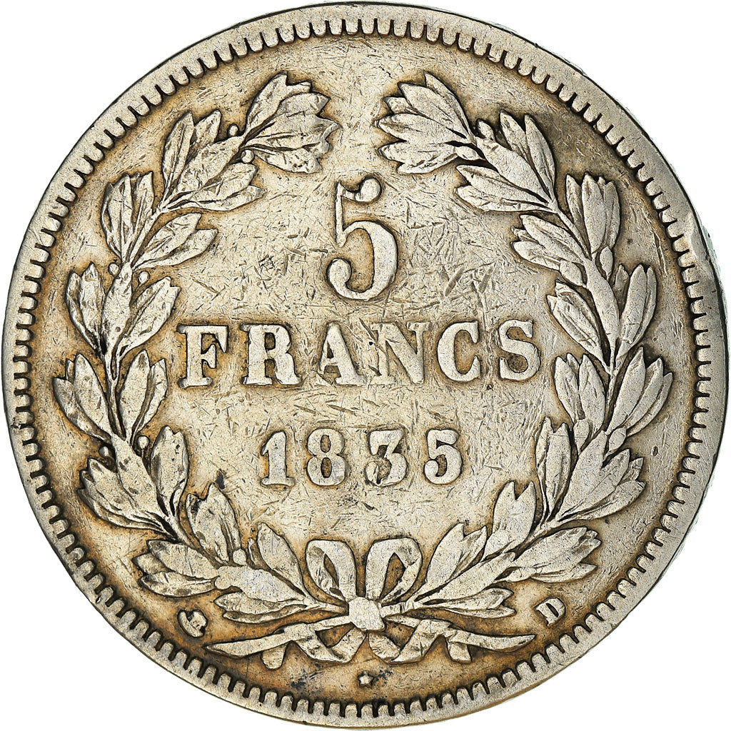 Moeda, França, Louis-Philippe, 5 Francs, 1835, Lyon, VF(30-35), Prata, KM:749.4