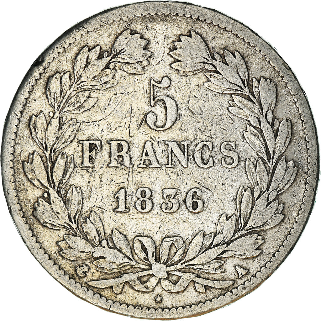 Moeda, França, Louis-Philippe, 5 Francs, 1836, Paris, VF(20-25), Prata