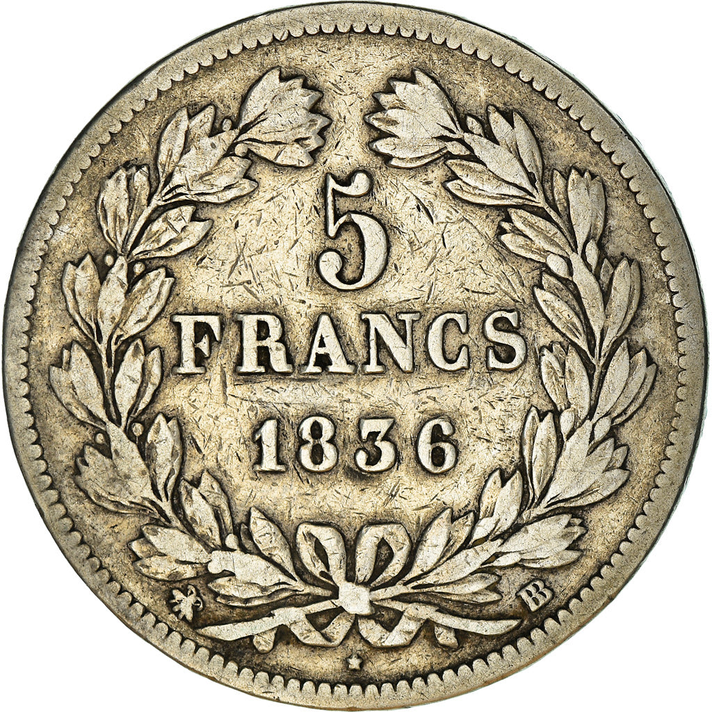 Moeda, França, Louis-Philippe, 5 Francs, 1836, Strasbourg, VF(30-35), Prata