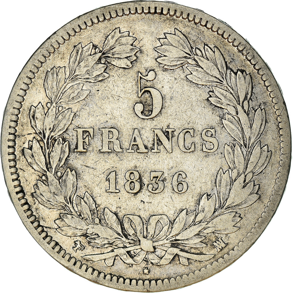 Moneta, Francia, Louis-Philippe, 5 Francs, 1836, Marseille, MB+, Argento