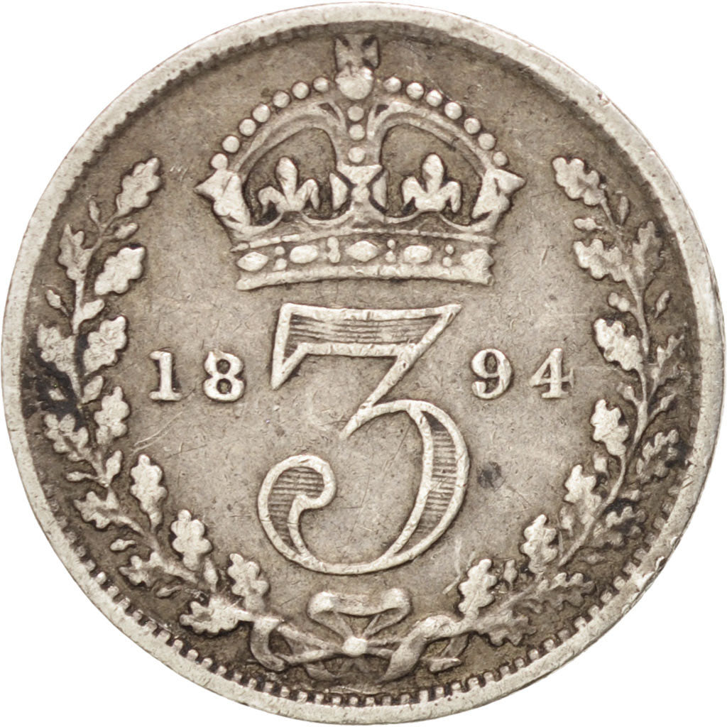 GREAT BRITAIN, 3 Pence, 1894, KM #777, VF(20-25), Silver, 16, 1.37