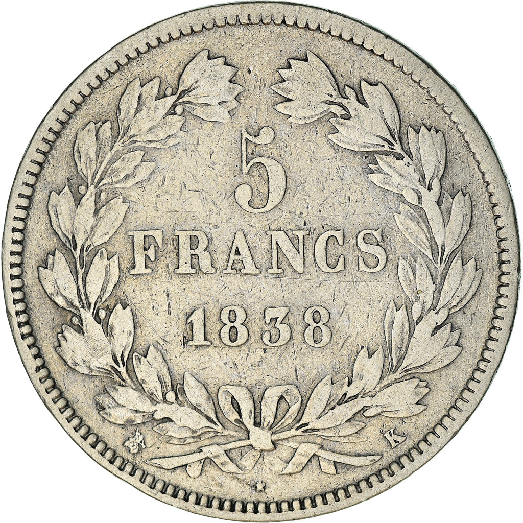 Münze, Frankreich, Louis-Philippe, 5 Francs, 1838, Bordeaux, S+, Silber