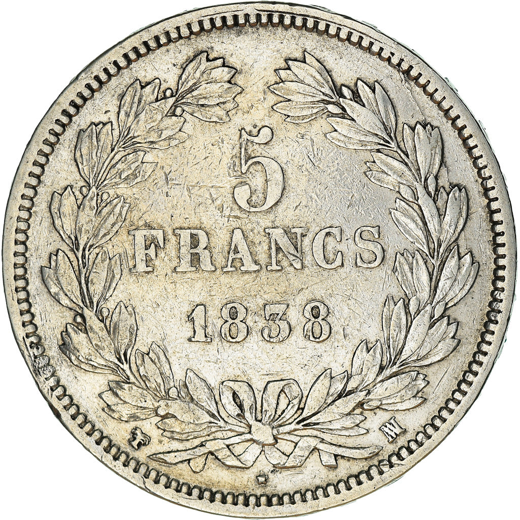 Moneda, Francia, Louis-Philippe, 5 Francs, 1838, Marseille, BC+, Plata