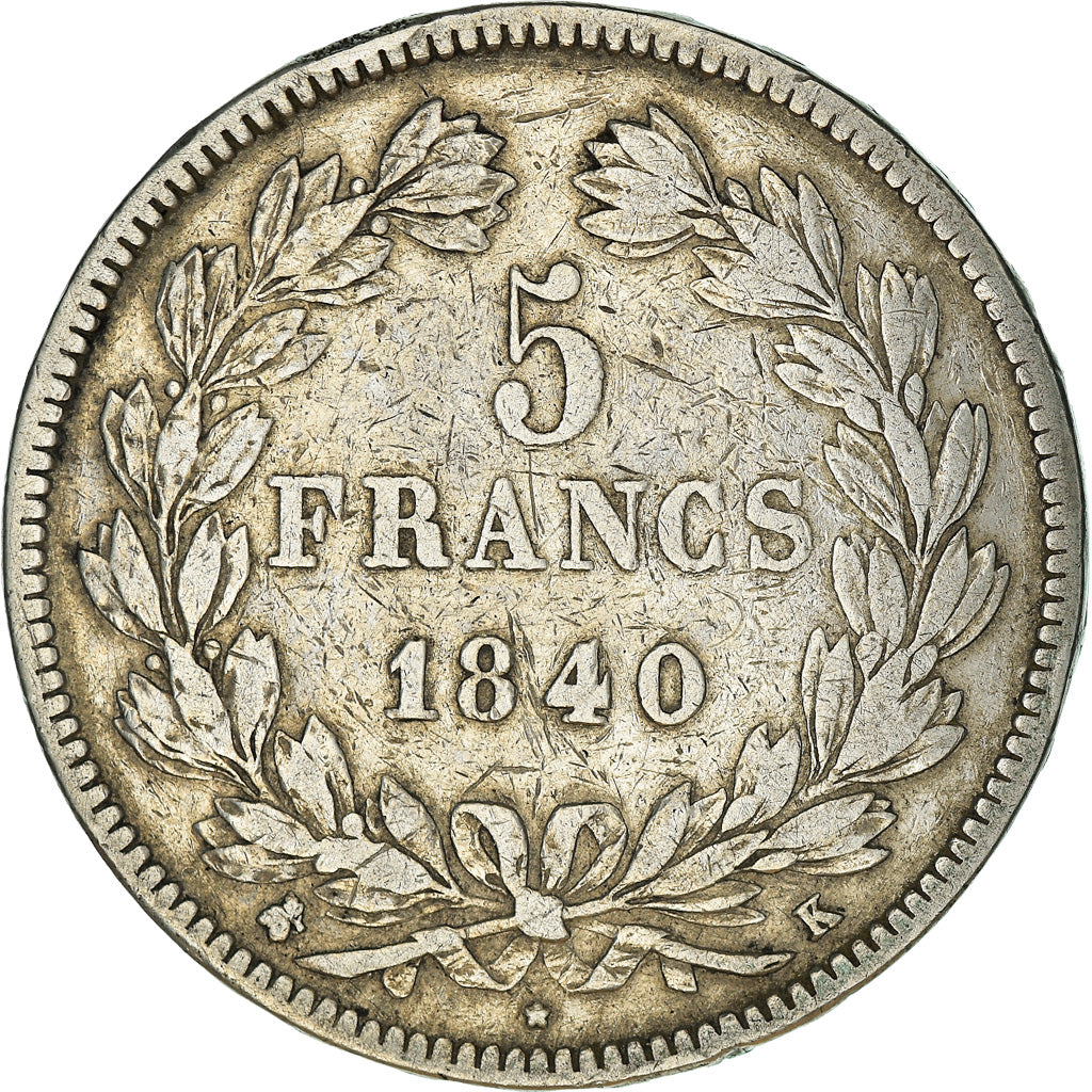 Moeda, França, Louis-Philippe, 5 Francs, 1840, Bordeaux, VF(20-25), Prata