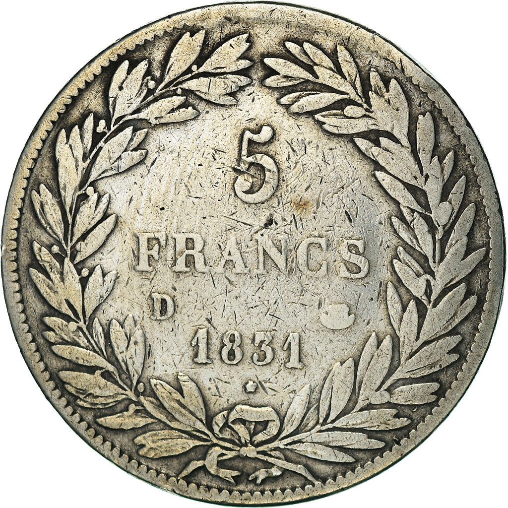 Moneda, Francia, Louis-Philippe, 5 Francs, 1831, Lyon, BC+, Plata, KM:735.4