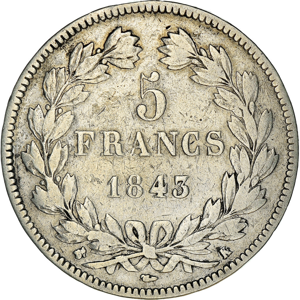 Moneda, Francia, Louis-Philippe, 5 Francs, 1843, Bordeaux, BC+, Plata, KM:749.7