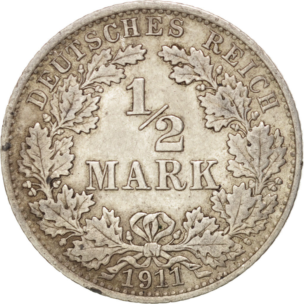 GERMANY - EMPIRE, 1/2 Mark, 1911, Berlin, KM #17, EF(40-45), Silver, 20, 2.76