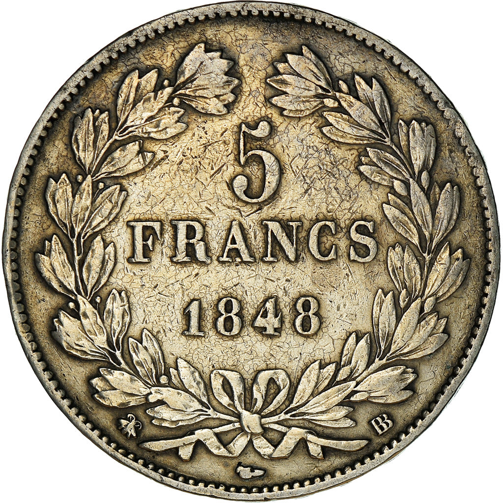 Coin, France, Louis-Philippe, 5 Francs, 1848, Strasbourg, EF(40-45), Silver