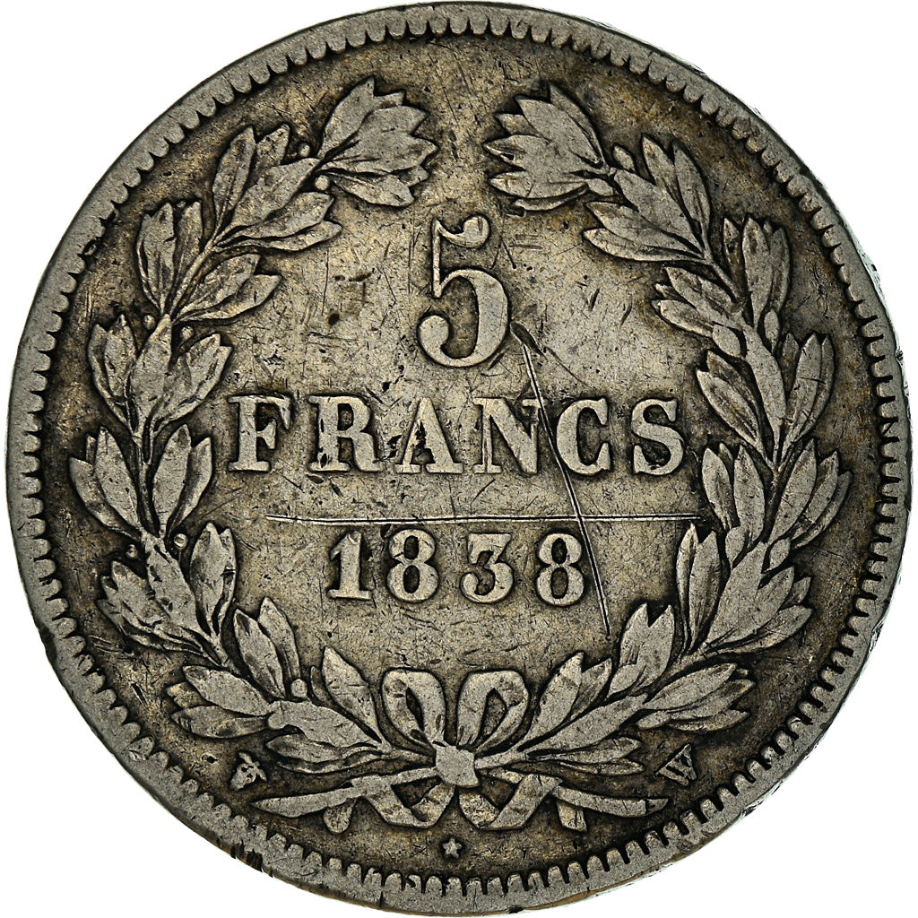 Moneda, Francia, Louis-Philippe, 5 Francs, 1838, Lille, BC+, Plata, KM:749.13