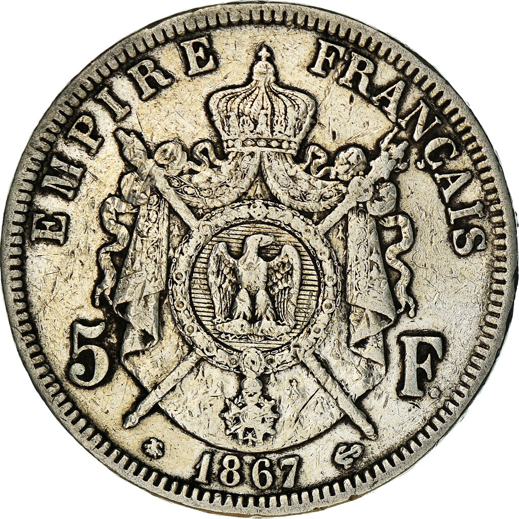 Munten, Frankrijk, Napoleon III, 5 Francs, 1867, Paris, FR+, Zilver, KM:799.1