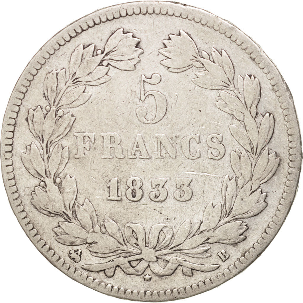 Moneta, Francia, Louis-Philippe, 5 Francs, 1833, Rouen, MB, Argento, KM:749.2