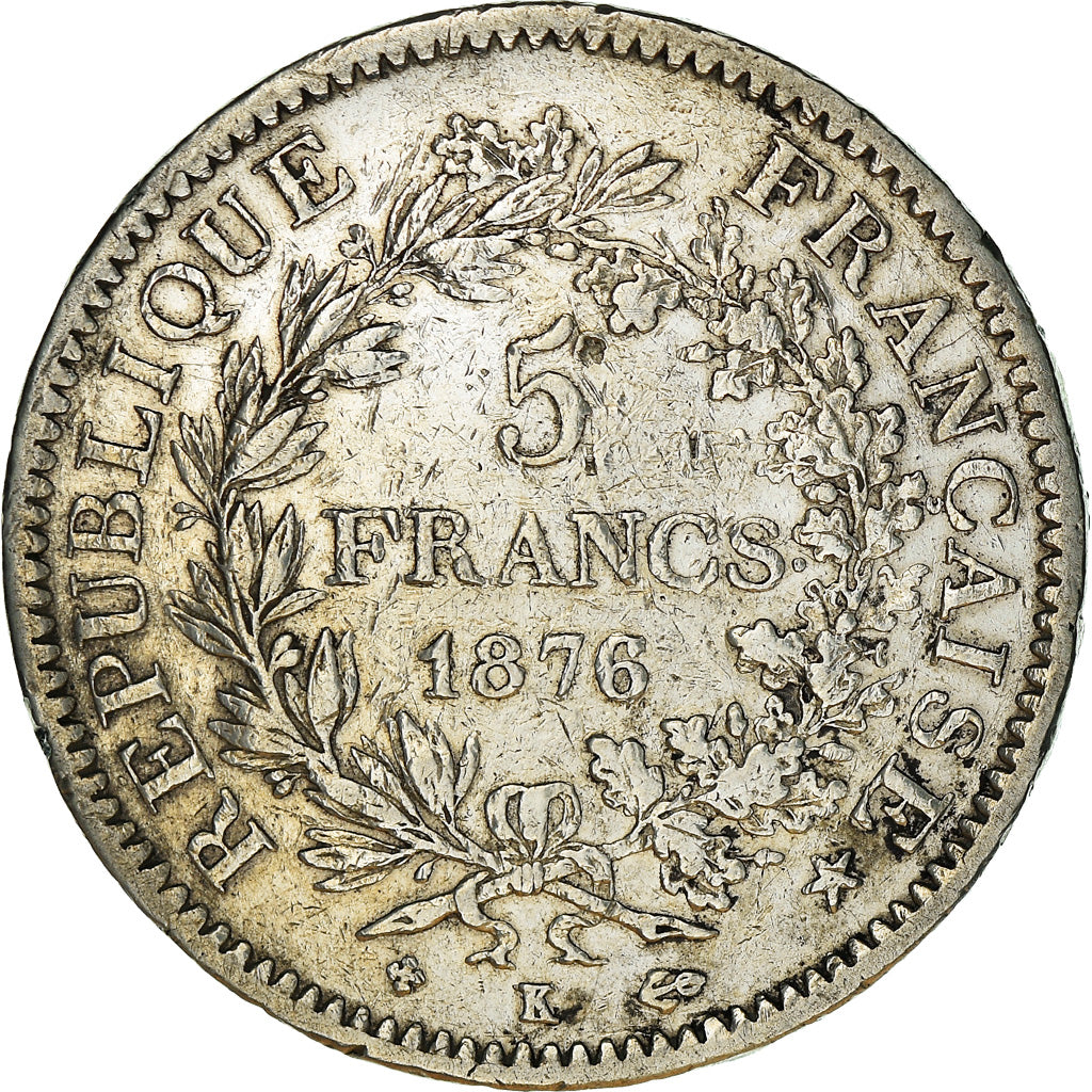 Coin, France, Hercule, 5 Francs, 1876, Bordeaux, VF(30-35), Silver, KM:820.2