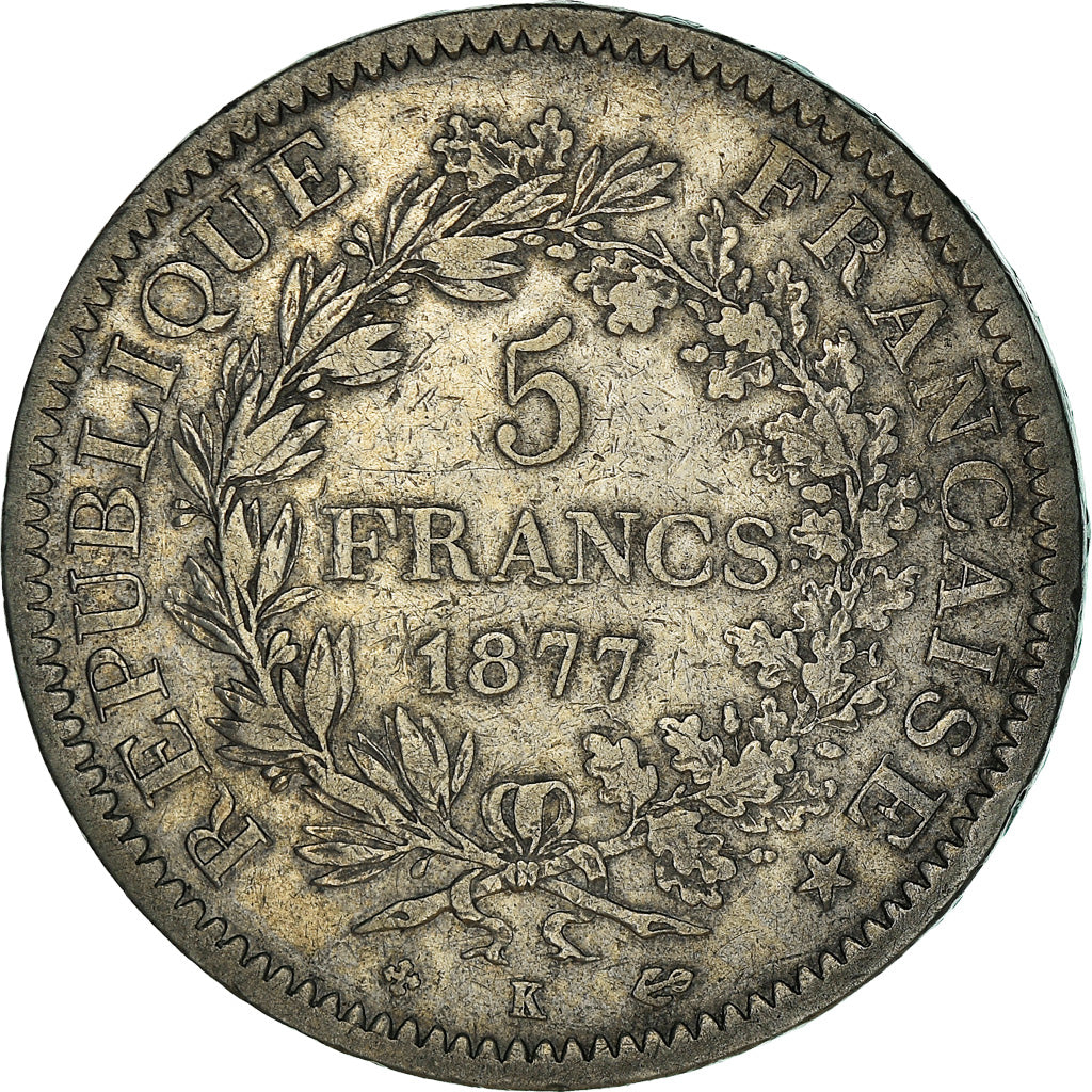 Moneta, Francia, Hercule, 5 Francs, 1877, Bordeaux, MB+, Argento, KM:820.2