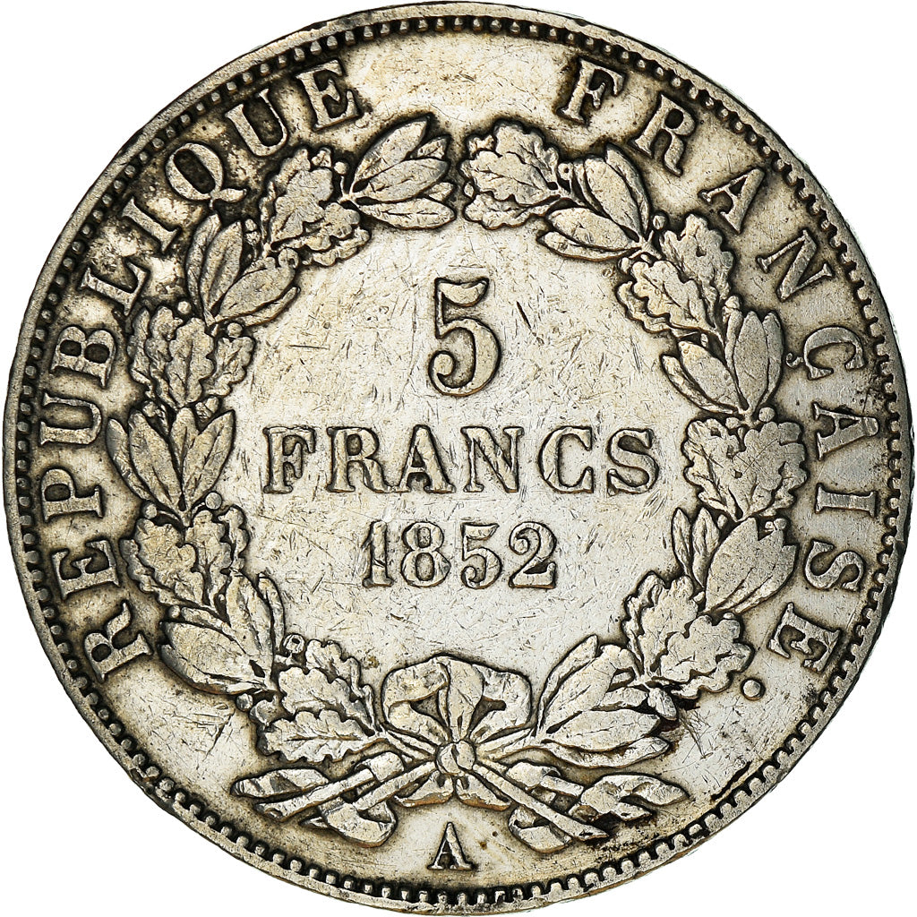 Moneda, Francia, Napoléon III, 5 Francs, 1852, Paris, BC+, Plata, KM:773.1