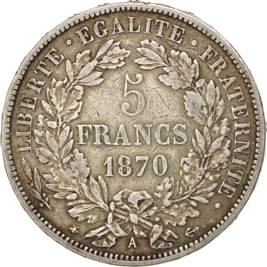 Moneta, Francia, Cérès, 5 Francs, 1870, Paris, BB, Argento, KM:819