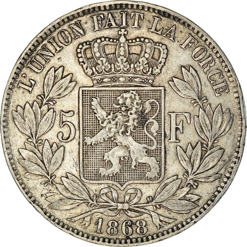 Coin, Belgium, Leopold II, 5 Francs, 5 Frank, 1868, Brussels, VF(30-35), Silver
