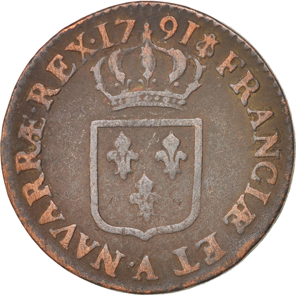 FRANCE, Sol ou sou, Sol, 1791, Paris, KM #578.1, VF(20-25), Copper, Gadoury...