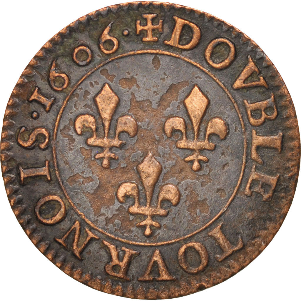 FRANCE, Double Tournois, 1606, Paris, KM #16.1, AU(50-53), Copper, CGKL #222,...