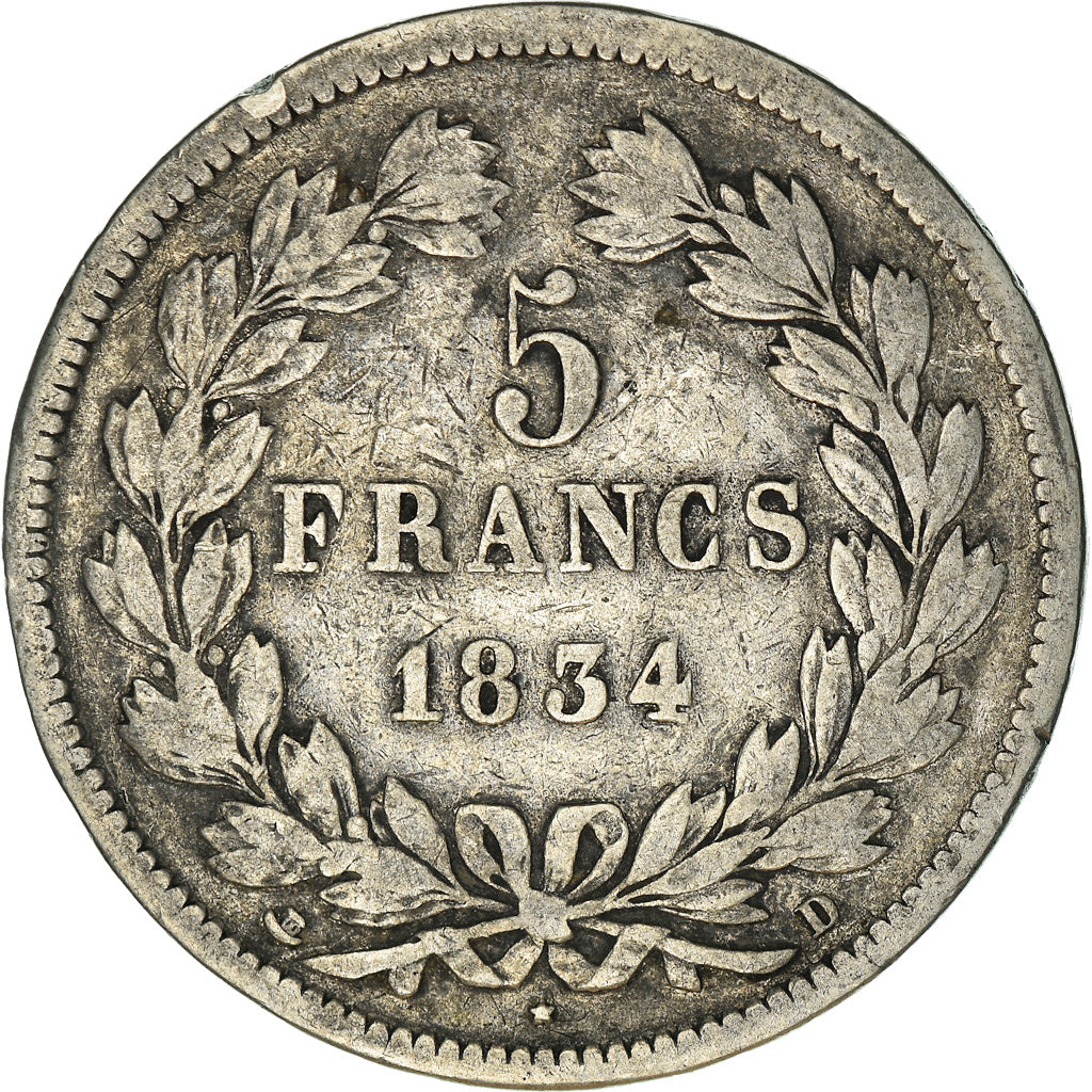 Coin, France, Louis-Philippe, 5 Francs, 1834, Lyon, VF(20-25), Silver, KM:749.4