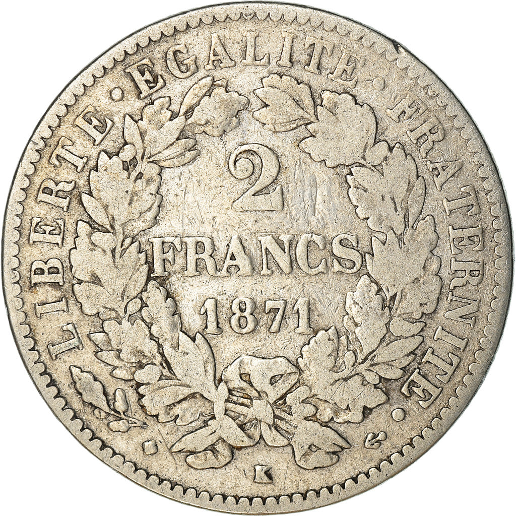 Coin, France, Cérès, 2 Francs, 1871, Bordeaux, VF(30-35), Silver, KM:817.2