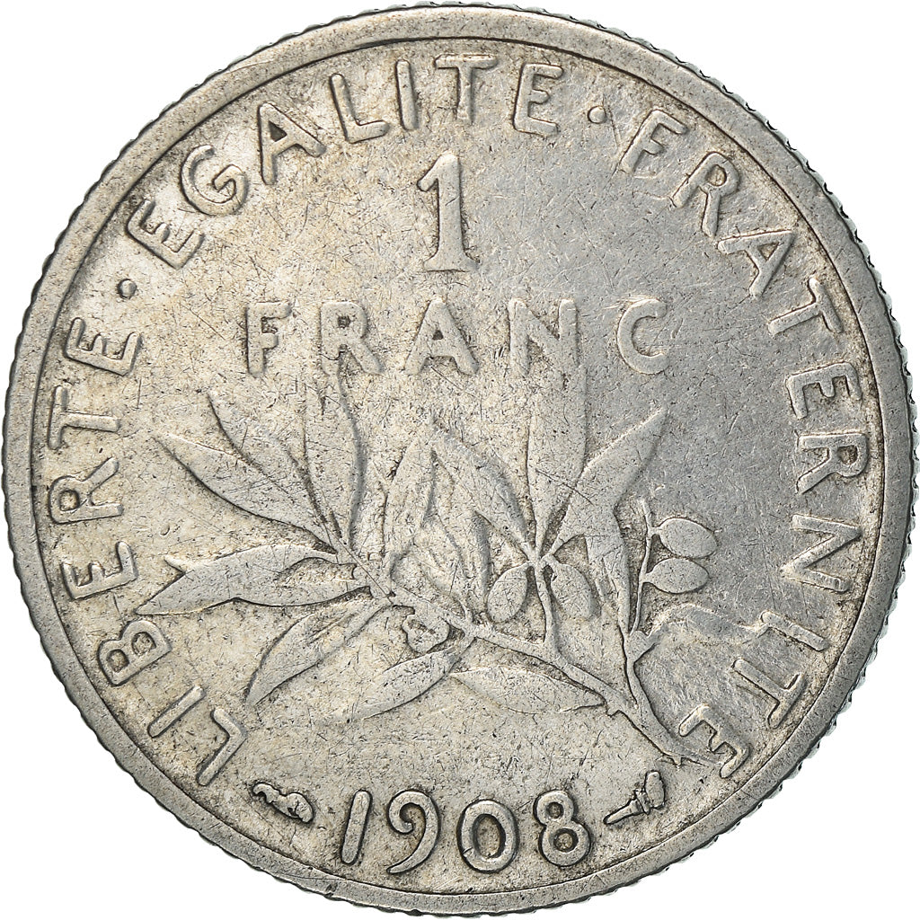 Coin, France, Semeuse, Franc, 1908, Paris, VF(30-35), Silver, KM:844.1