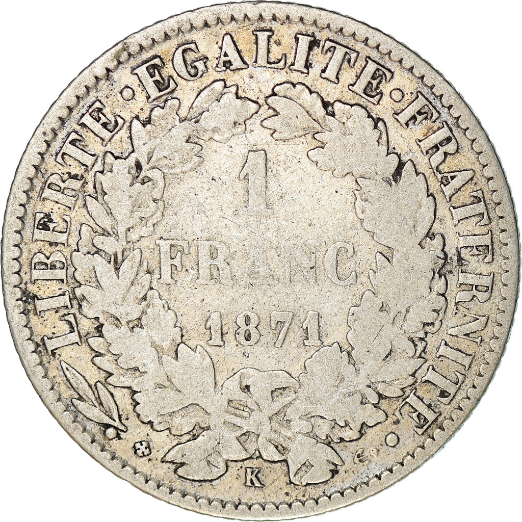 Monnaie, France, Cérès, Franc, 1871, Bordeaux, TB, Argent, Gadoury:465