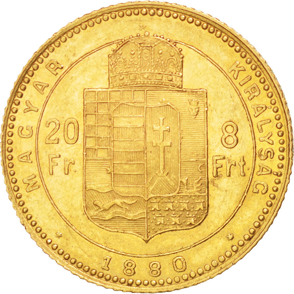 HUNGARY, 8 Forint 20 Francs, 1880, Kremnitz, KM #455.1, AU(55-58), Gold, 6.44