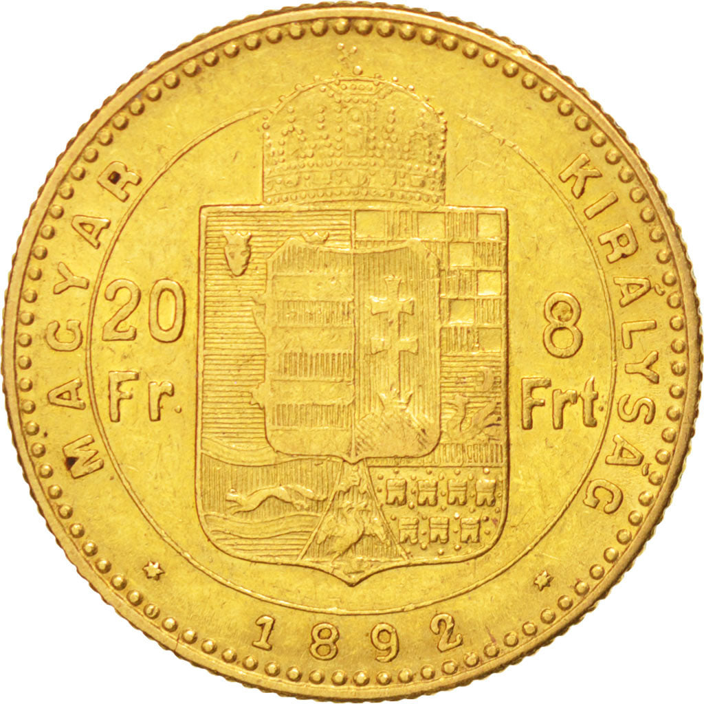 HUNGARY, 8 Forint 20 Francs, 1892, Kremnitz, KM #477, EF(40-45), Gold, 6.44