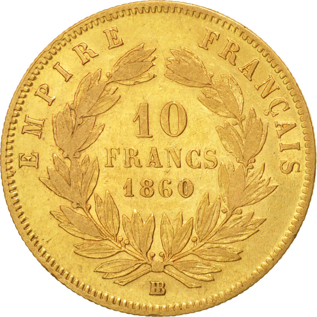 FRANCE, Napoléon III, 10 Francs, 1860, Strasbourg, KM #784.4, VF(30-35), Gold, G