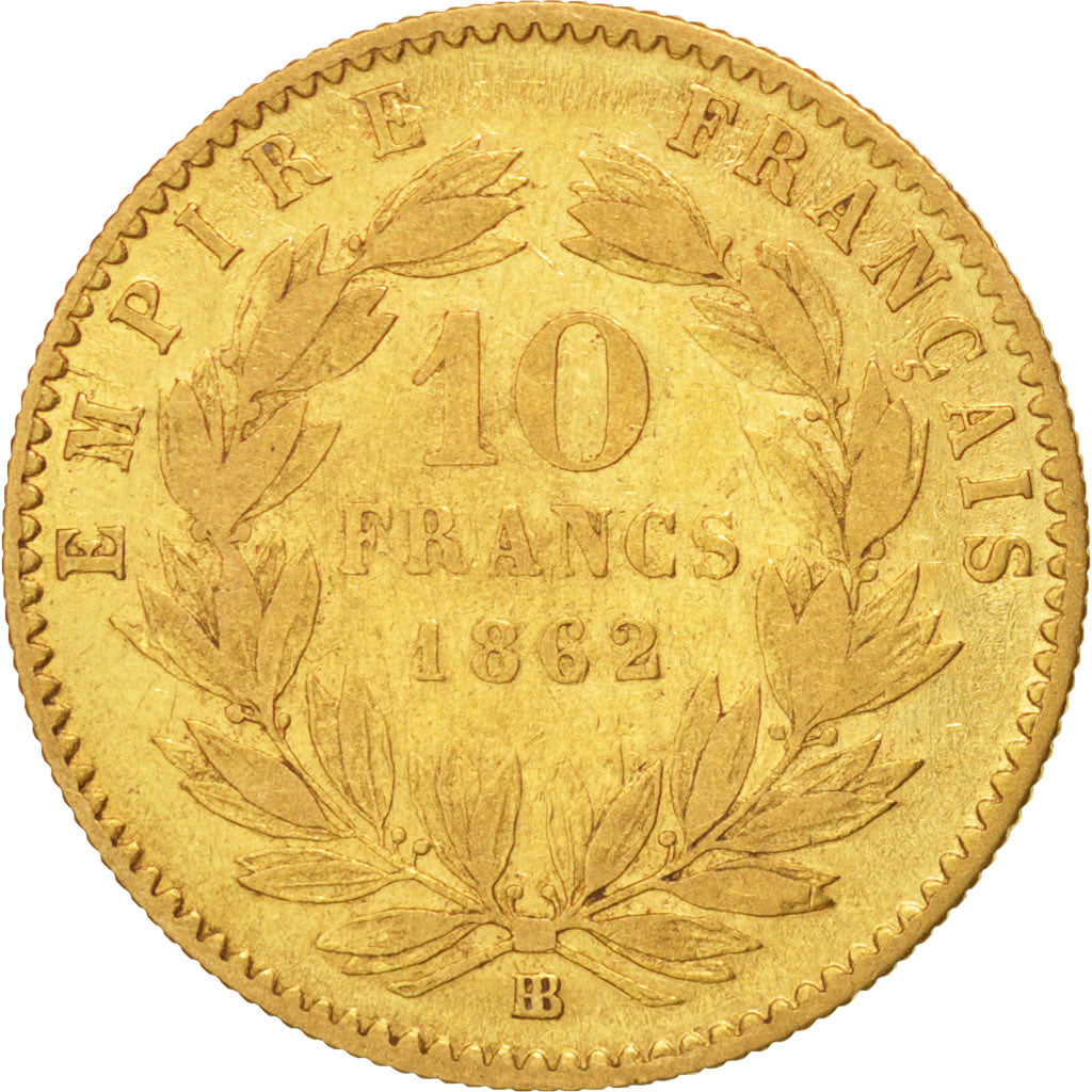 FRANCE, Napoléon III, 10 Francs, 1862, Strasbourg, KM #800.2, VF(20-25), Gold, G