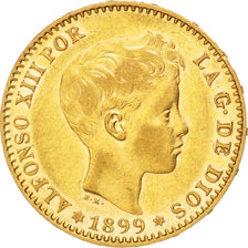 SPAIN, 20 Pesetas, 1899, Madrid, KM #709, AU(50-53), Gold, 6.44