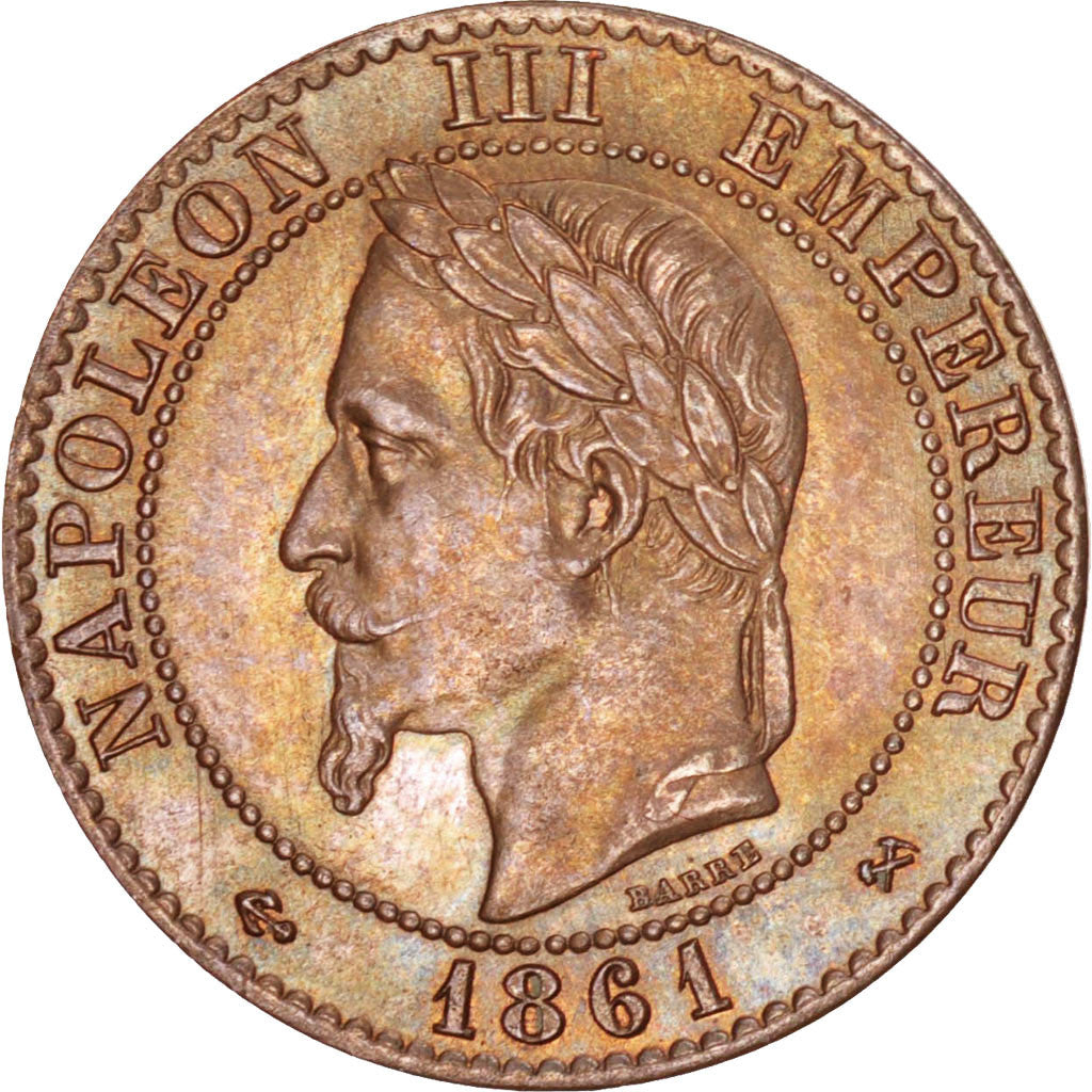 FRANCE, Napoléon III, 2 Centimes, 1861, Bordeaux, KM #796.3, MS(63), Bronze, G..