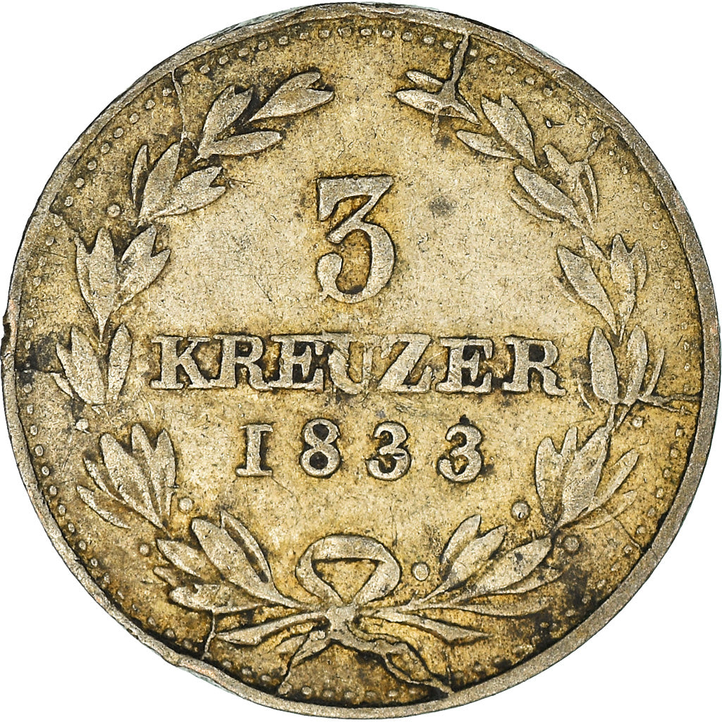 Coin, German States, BADEN, Ludwig I, Semeuse, 3 Kreuzer, 1833, VF(30-35)