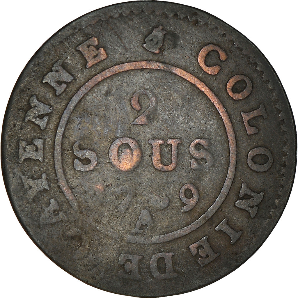Moeda, GUIANA FRANCESA, 2 Sous, 1789, Paris, VF(20-25), Lingote, KM:1