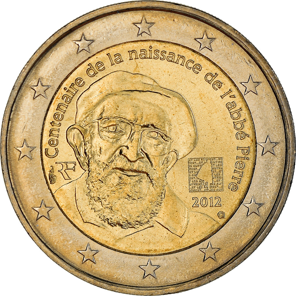 France, 2 Euro, Abbé Pierre, 2012, Paris, MS(64), Bi-Metallic, KM:1894