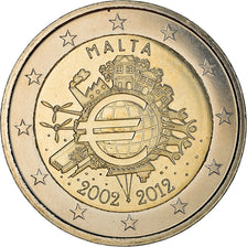 Malta, 2 Euro, 10 ans de l'Euro, 2012, MS(63), Bimetálico, KM:139