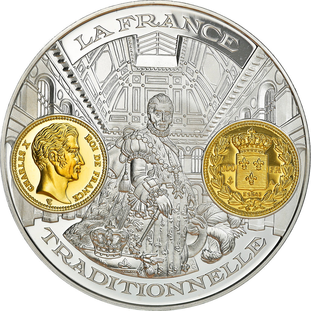 Francia, medaglia, Histoire Monétaire, 100 Francs Or Charles X, FDC, Argento