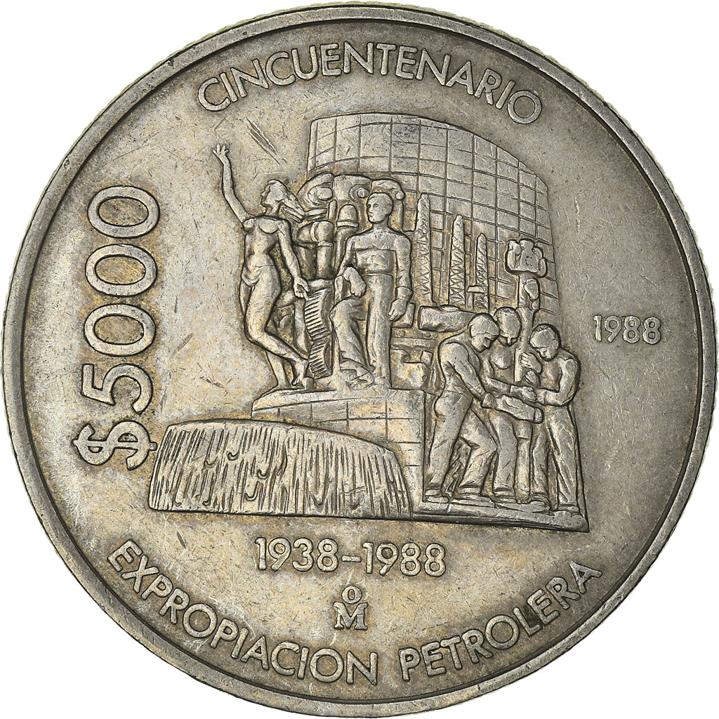 Moneda, México, 5000 Pesos, 1988, Mexico City, MBC+, Cobre - níquel, KM:531