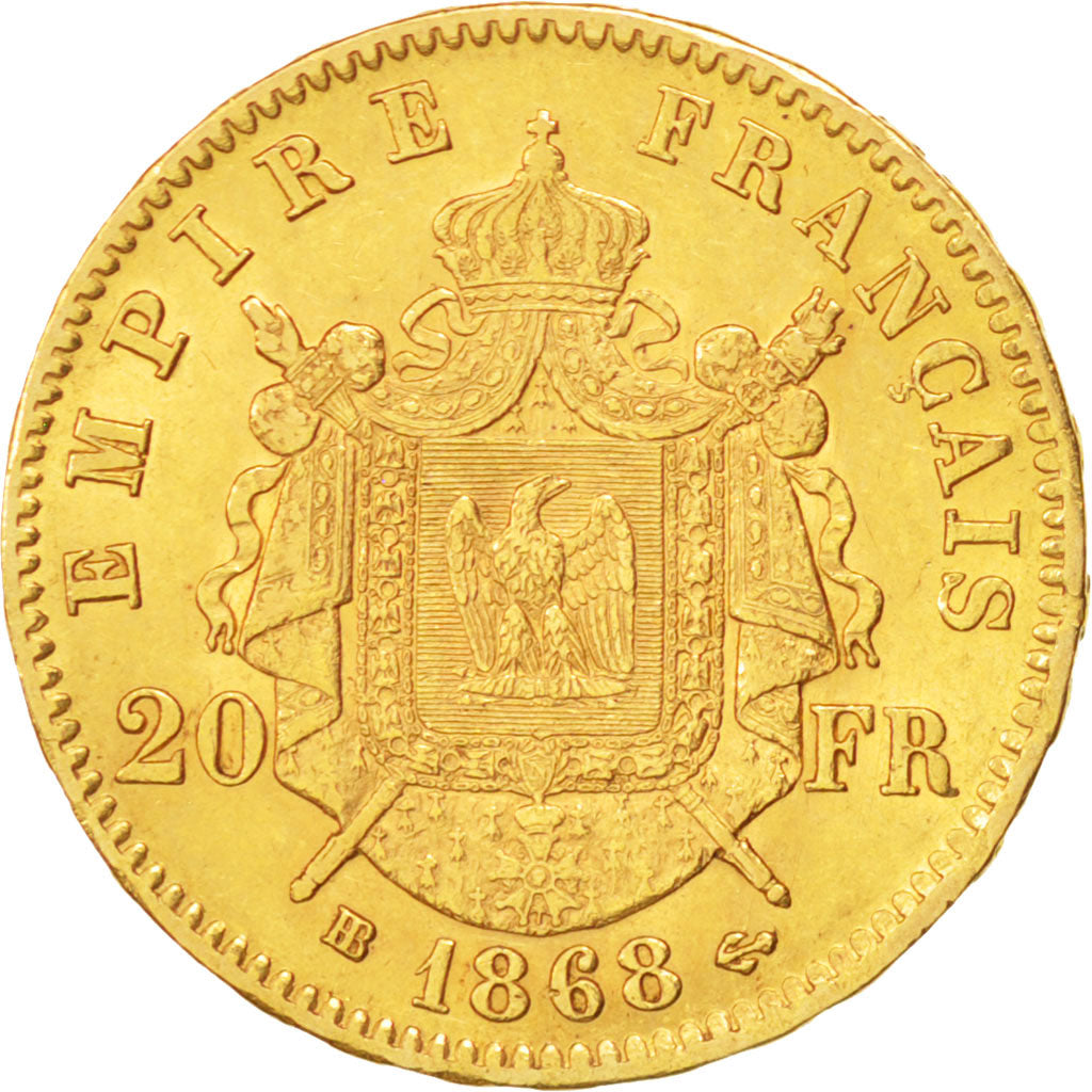 FRANCE, Napoléon III, 20 Francs, 1868, Strasbourg, KM #801.2, AU(50-53), Gold, G