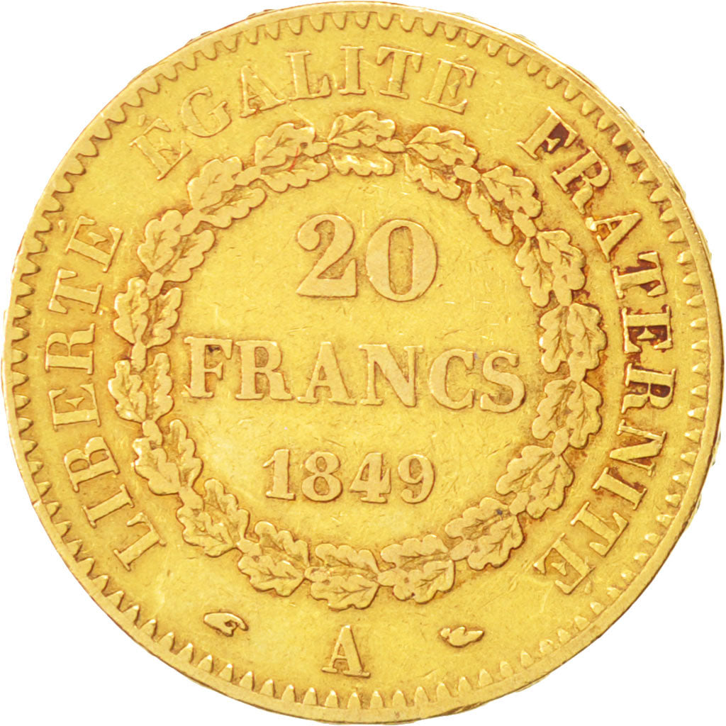 FRANCE, Génie, 20 Francs, 1849, Paris, KM #757, EF(40-45), Gold, Gadoury #1032, 